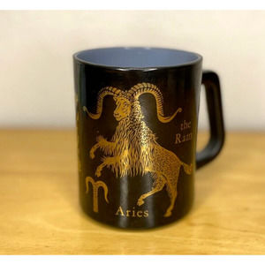 Vintage Federal Glass Black Gold Milk Glass Aries The Ram Zodiac Mug Coffee Cup
